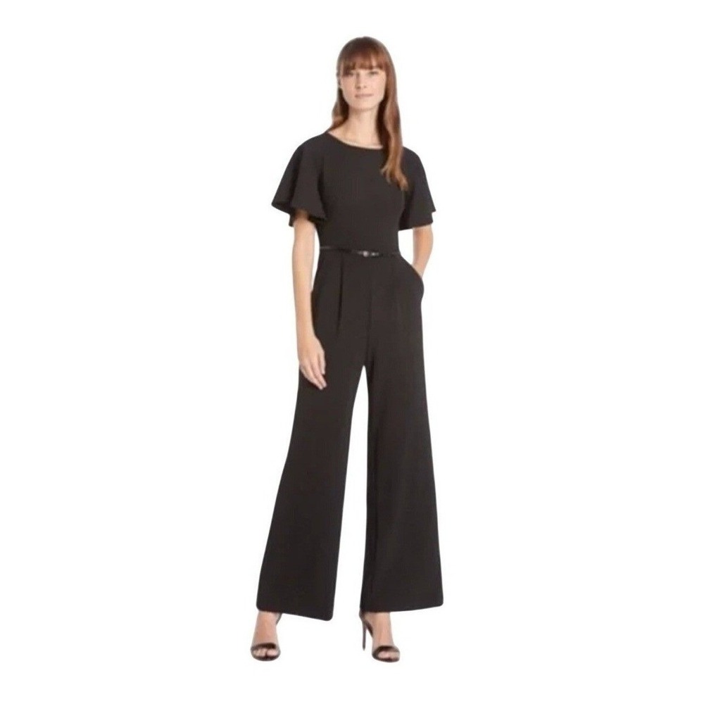 Calvin Klein Flutter Sleeve Wide Leg Jumpsuit Black Stretch Crepe 6